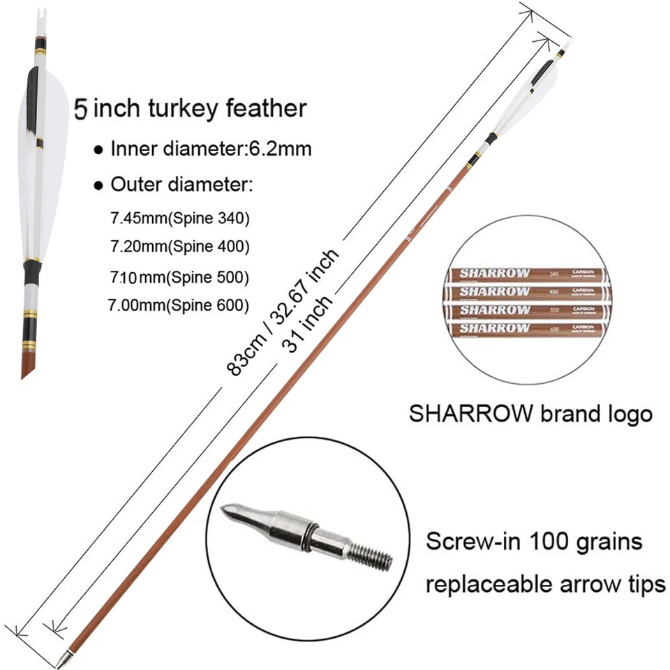 31" Pure Carbon Arrows Archery SP340-600 Screw Tips Compound Recurve Bow Hunting - Image 2 of 4