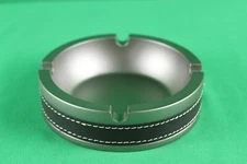 NEW, PEWTER LOOKING, SILVER COLOR ASHTRAY, LEATHER BAND AROUND IT, 4 SLOT HOLDER