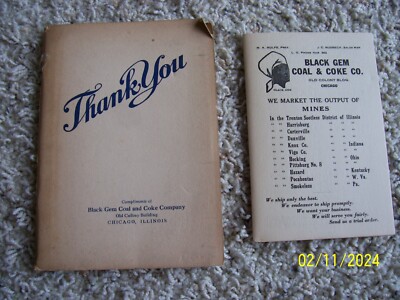 RARE 1917 Black Gem Coal & Coke Co Chicago Price List & SC Book Thank You Hansen