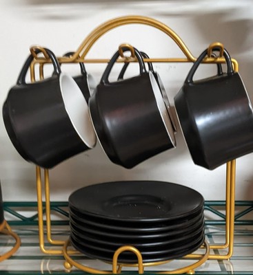 Expresso Coffee Tea Cups with Saucers Set with Cup Holder 4 oz, Set of 6, Gifts