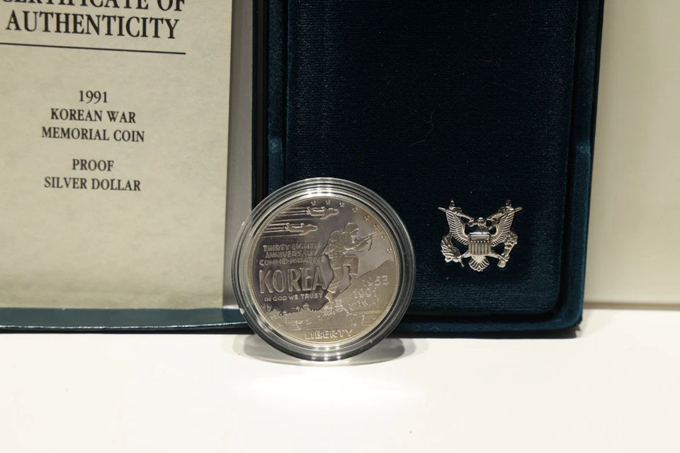 1991 P US Mint Proof Korean War Commemorative Korea Silver Dollar Coin Box - Image 2 of 3