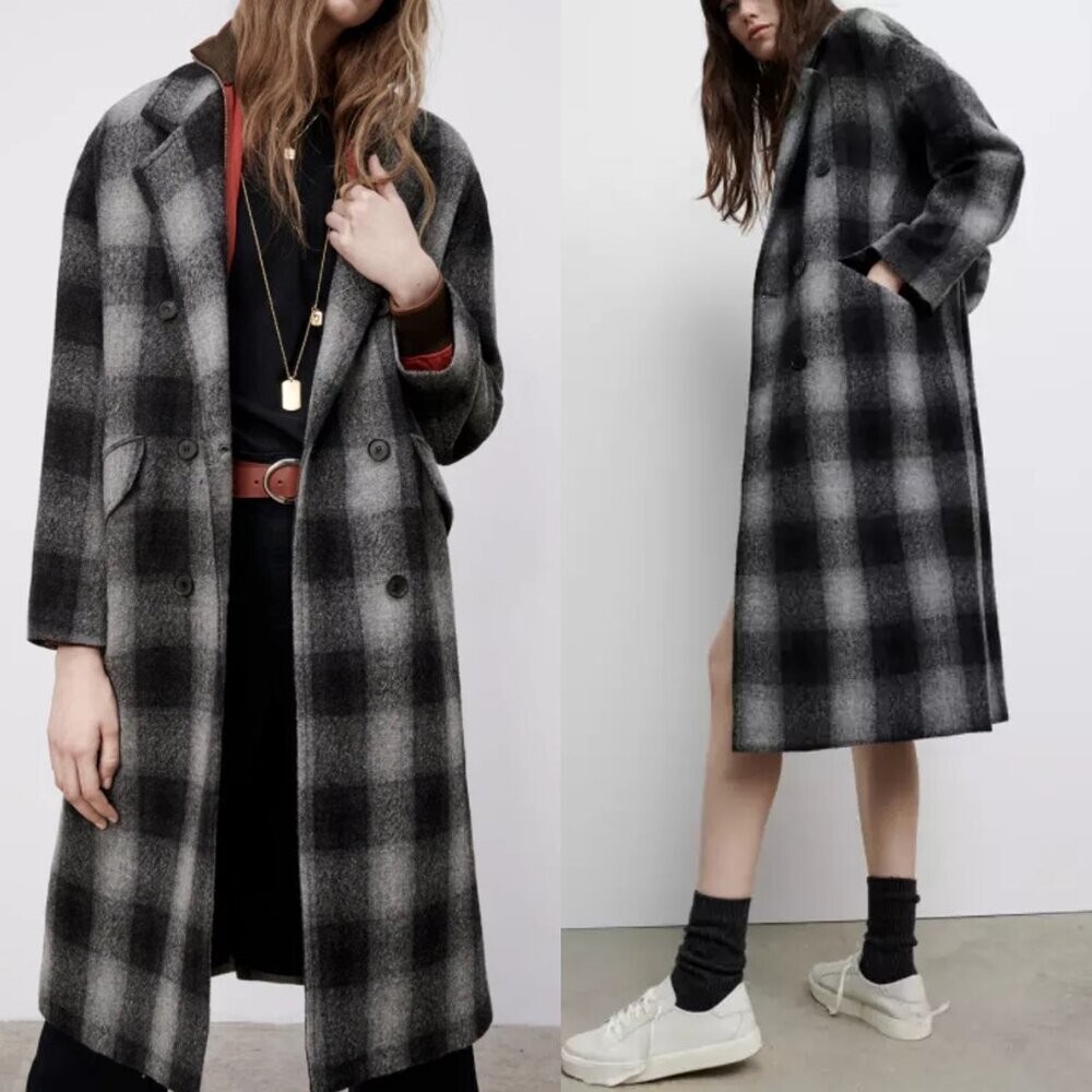ZARA Plaid Double Breasted Manteco Wool Grey Black Coat Size M