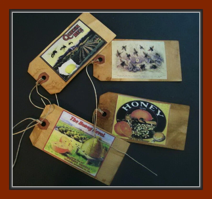VINTAGE BEE LABELS AND DESIGNS - PRIMITIVE HANG TAGS - SCENTED - EIGHT  - SET# 1 - Image 2 of 4