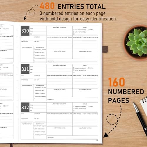 Notary Journal Log Book with 480 Record Entries, 12″x8.5″ Hardcover