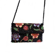Women Black Floral Clutch Embellished Beaded Shoulder Bag with Beads Braid Strap