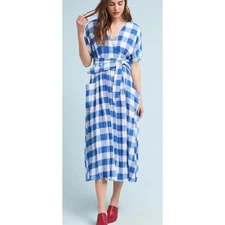 Mara Hoffman Gingham Plaid Wrap Dress Ingrid Blue Size Large