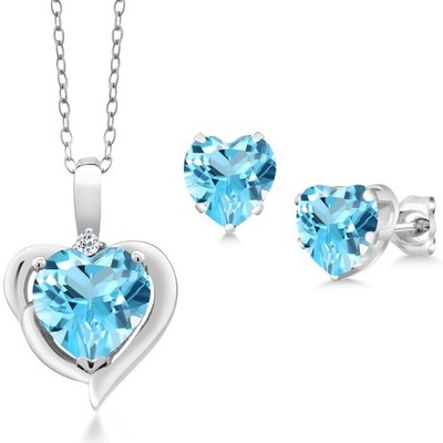 925 Sterling Silver Swiss Blue Topaz and White Topaz Pendant Necklace Earrings