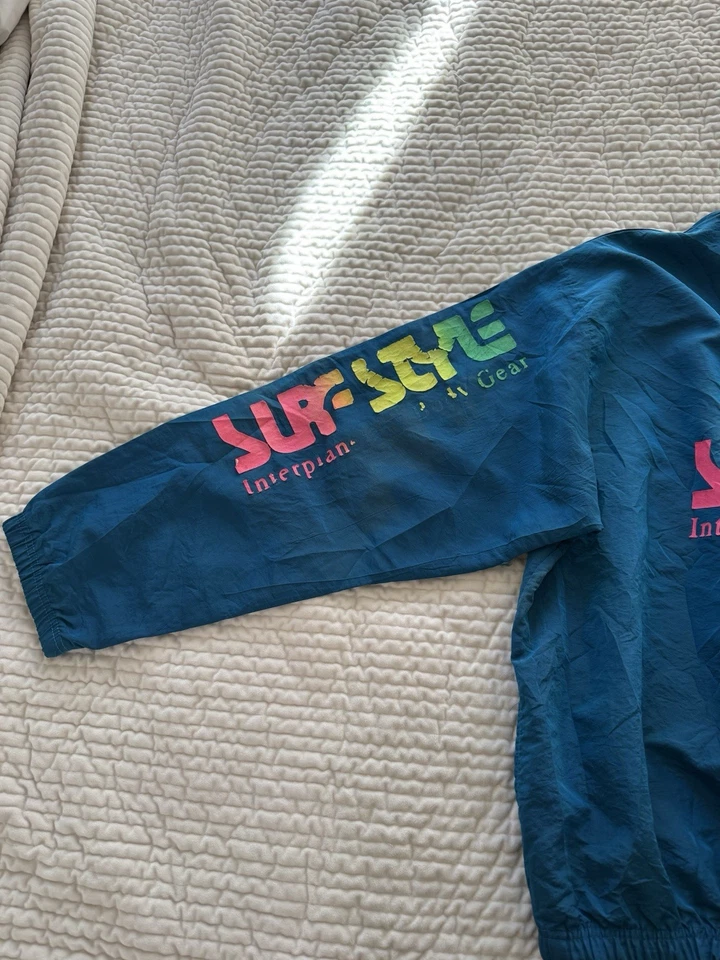 Vintage Surf Style Pullover Jacket Mens One Size Blue Windbreaker Neon 90s Retro - Image 3 of 4