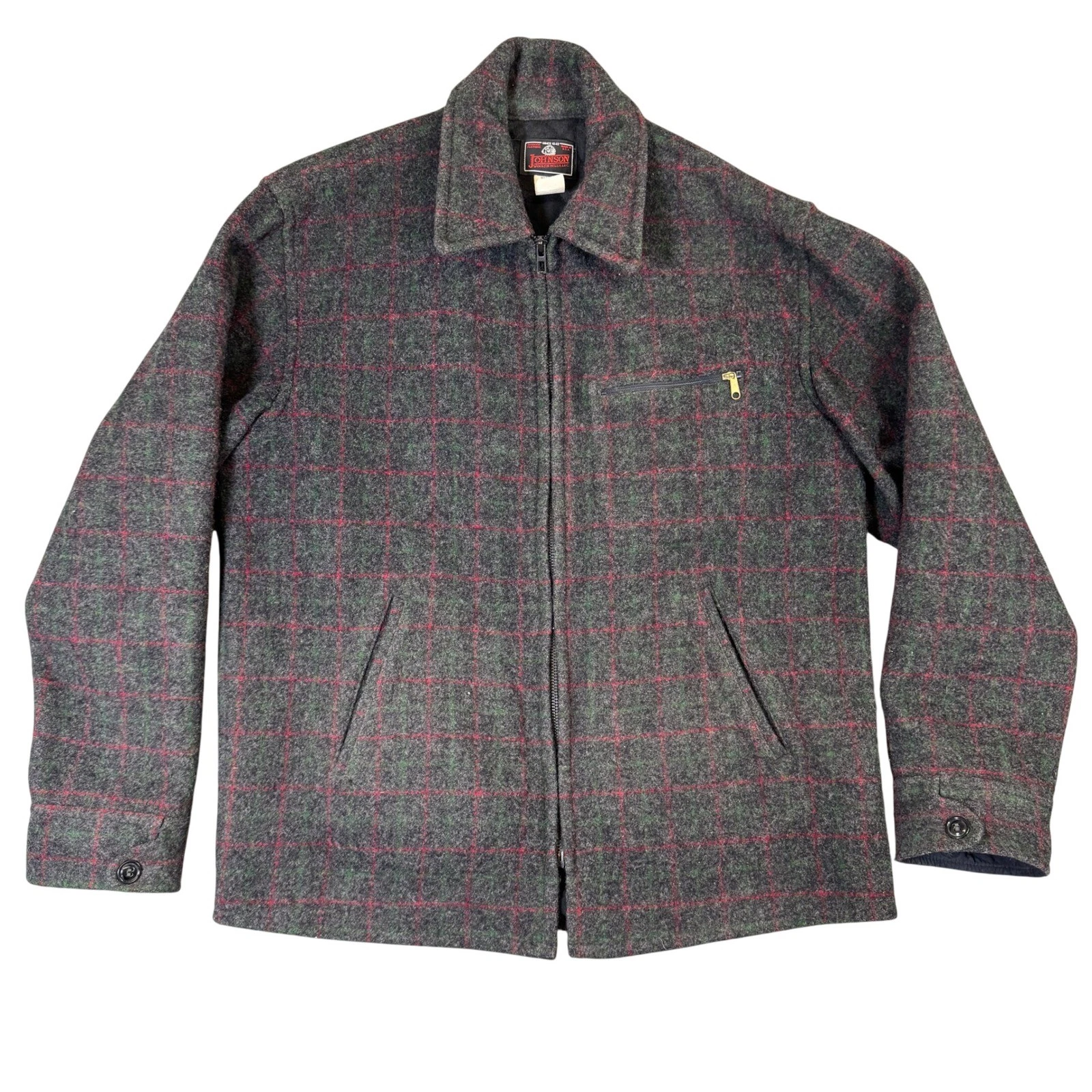 Johnson Woolen Mills Adirondack Plaid Wool Jacket Gray Red Green 10115 Large - product detail image 1