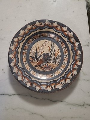 Vintage Mexican Pottery Owl Folk Art Signed Tonala Burnished Wall Plate 9 5/8''