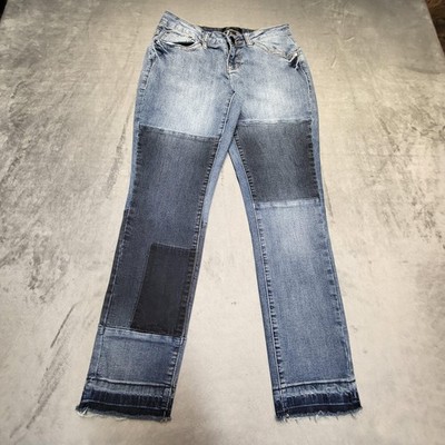 Earl Jeans Womens 4P Blue Skinny Ankle Patchwork Raw Hem Denim Pants Stretch