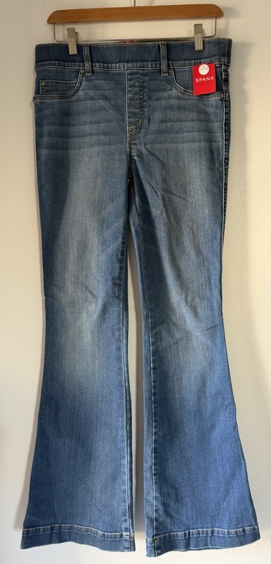 Spanx Jeans Women's Medium Petite Blue Flare Wide Leg Pull On Cotton
