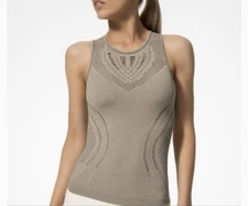 Alo Size Small Yoga Slash & Burn Seamless Laser Cut Tank Top Mesh Heather Tan