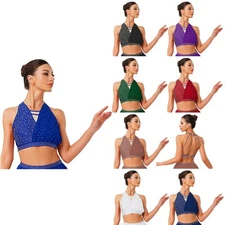 Women Shiny Dance Crop Top Strappy Back Ruched Chiffon Blouse Lyrical Stage Show