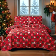 Red Green Christmas Quilts Full/Queen Size Reversible Reindeer Bedding Plaid ...