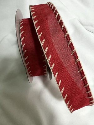 10 Yards 1.5 Inch Wired Ribbon Red with Tan Blanket Stitch Edge Christmas Rustic