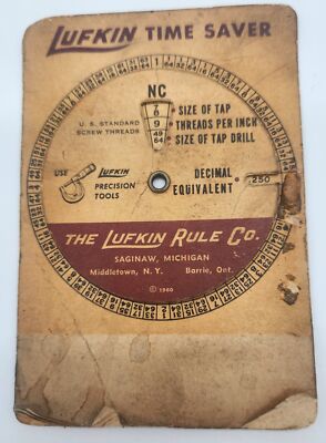 Vintage 1960 Lufkin Rule Co. Chart Calculator Screw Threads Tap Drill Sizes