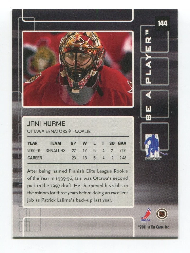 2001 Be A Player Jani Hurme Signed Card Hockey NHL Autograph AUTO #144 - Image 2 of 2