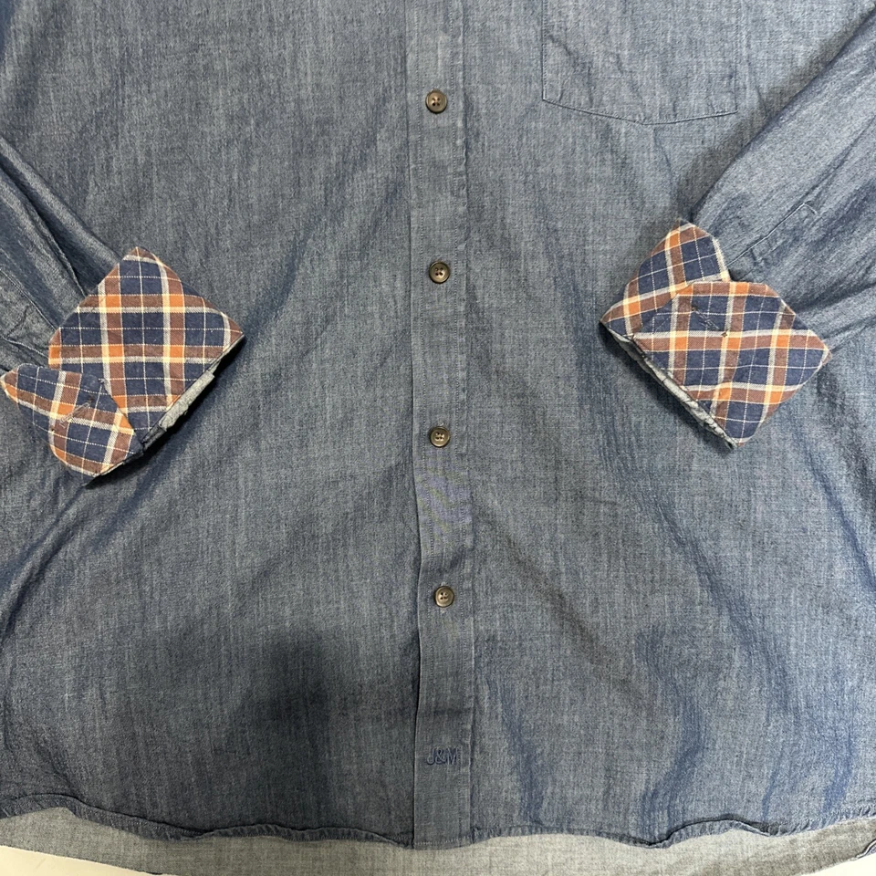 Johnston & Murphy Shirt Men's XL Blue Denim Flip Cuff Button Up Cotton Chambray - Image 3 of 4