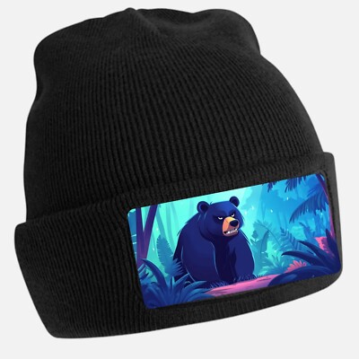 Angry Black Bear Print Unisex Cotton Black Beanie Hat