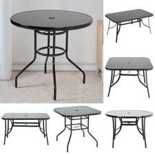 Glass Top Steel Frame Garden Patio Table Outdoor Dining Table with Parasol Hole