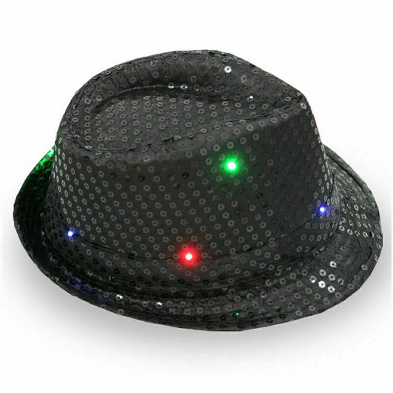 Flashing Light Up Led Fedora Trilby Sequin Unisex Fancy Dress Dance