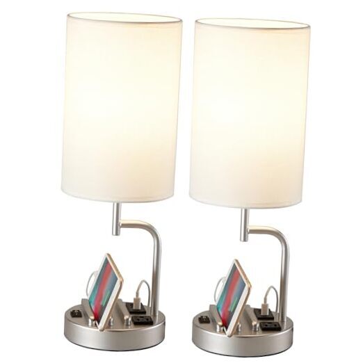 Table Lamp with 3 USB Charging Ports, Modern Desk Lamp with AC Outlet Silver-image