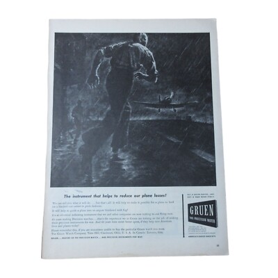 1943 Gruen Watches - Fighter Jet Landing - Vintage Print WW2 Ad