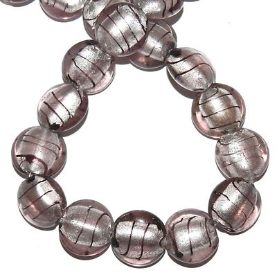 G4176 Purple Silver Foil & Swirl Line Accent 20mm Round Lampwork Glass Beads 16''