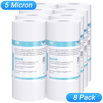 8 Pack 5 Micron 10x4.5'' Sediment Water Filter Whole House Cartridges Replacement