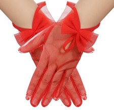 Women's Short Sheer Mesh Gloves Lace Tea Party Gloves Red