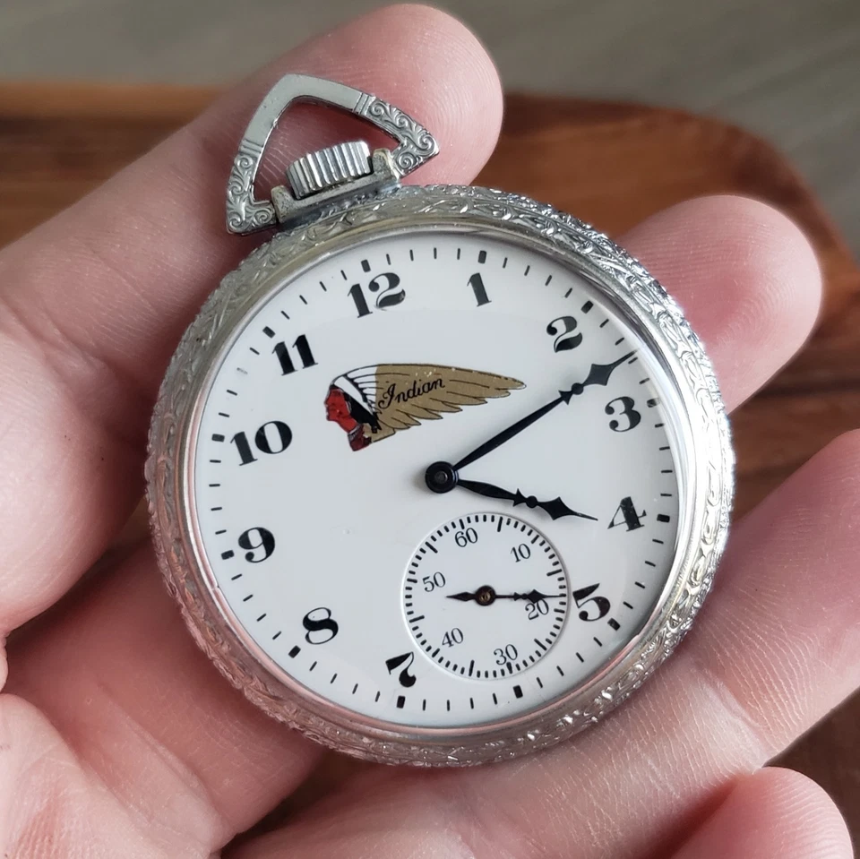 1923 Elgin Antique Pocket Watch w/ Indian Motorcycles Logo, Size 12 Case, Clean - Image 3 of 4