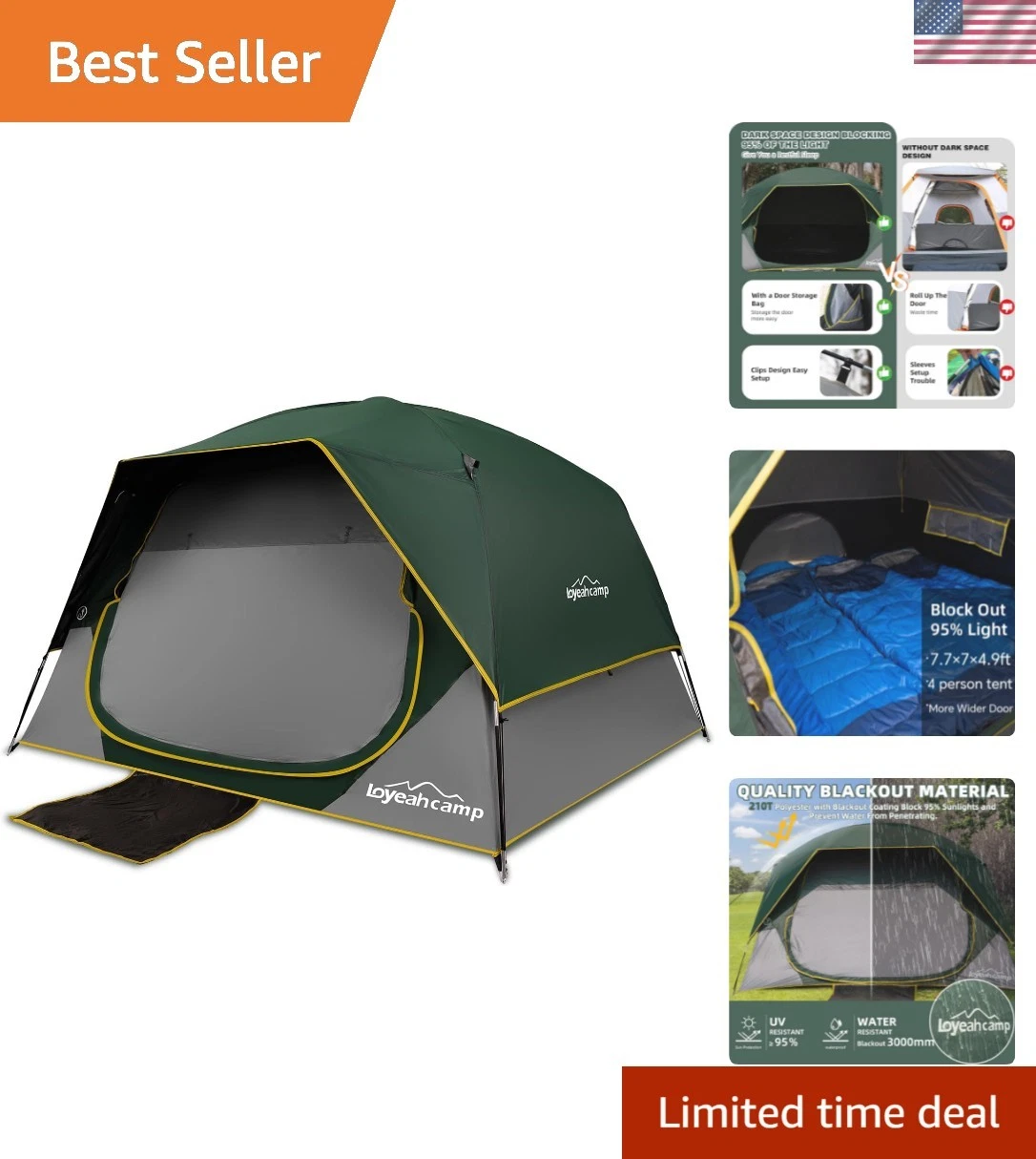 4/6 Person Blackout Camping Tent, Easy Setup Waterproof Family Dome Tent for ...