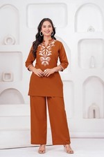 Women Brown Cotton Co-Ord Set Embroidered Wark Kurti Palazzo Suit Set