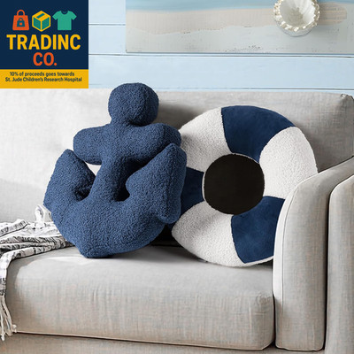 3D Anchor & Lifebuoy Nautical Throw Pillows, 19.6''& 15.7'' Set of 2, Coastal Deco