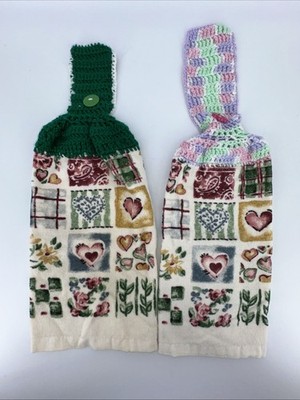 Vintage Lot of 2 Kitchen Hang Towels Crochet Top Fringe End 80s Hearts Quilt