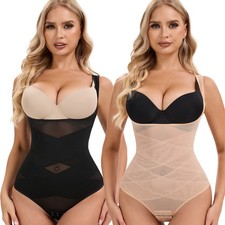 Women Tummy Control Open Bust Body Shaper Thong Slimming Mesh Bodysuit