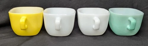 Set of 4 Vintage Glasbake Square Pastel Milk Glass Mugs Green Yellow White