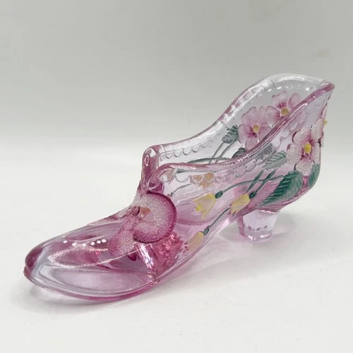 Vintage Fenton Pink Glass Shoe / Slipper Hand Painted Floral Flowers Signed EUC