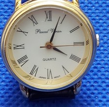 Pascal Veran Ladies Watch Gold Tone Black Leather Strap , Quartz, Working Well