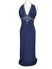 De Laru Navy Evening Long Dress Halter Beaded Baby Doll Sz 3/4 Y2K Style