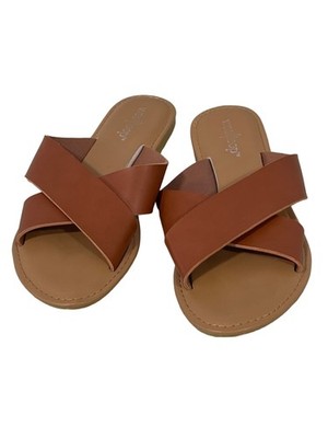 West Loop Flat Sandal Size 5/6 Cross Strap Open Toe Faux Leather Summer Brown