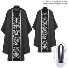 NEW Black Gothic Vestment and Stole set with Chi Rho Embroidery, Casula, Casel
