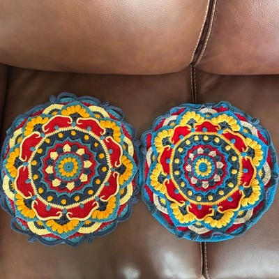 2 Pc Handmade Crochet Round Pillow Covers 14'' Boho Mandala Cushion Shams Texture