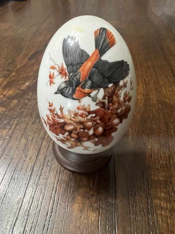 Ceramic Decorative Egg on Stand w/ Bird, Autumn Leaves "Autumn Brings Magic"