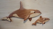 Killer Whale mom and calf wooden wall art. Beach house decor, nautical theme.