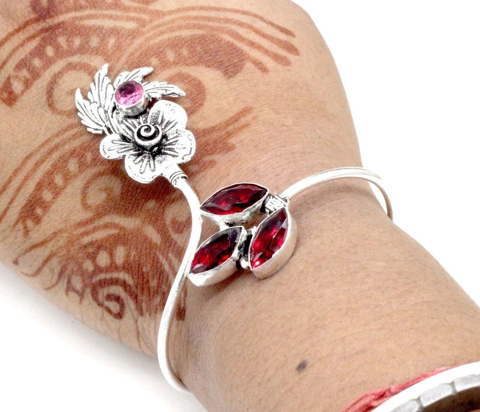 VALENTINO Bracciale gioiello argento sterling 925 topazio rosa e granato pietre preziose S ADJ"