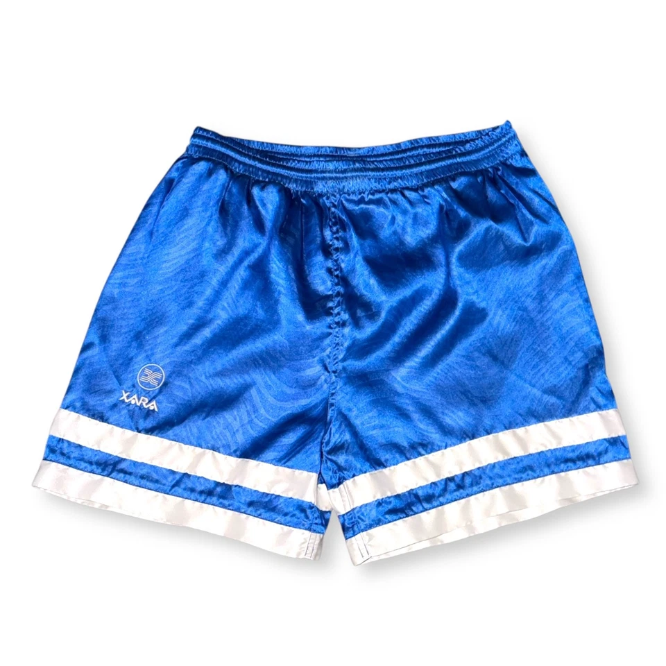 Суперредкие винтажные нейлоновые футбольные шорты Xara 90-е Glanz синие белые шелковистые маленькие - Изображение 2 из 4