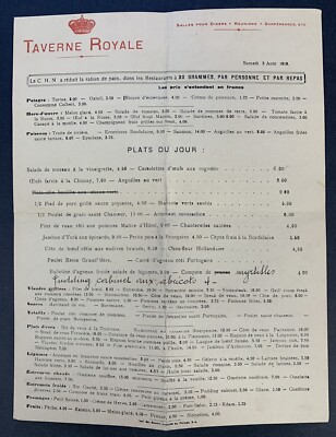 Pwz Menu World War I Era: Royal Tavern, August 1918 Menu in German and French | eBay