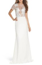 TADASHI SHOJI Bridal Ivory Floral Lace Illusion Mesh Trumpet Train Tanya Gown 6